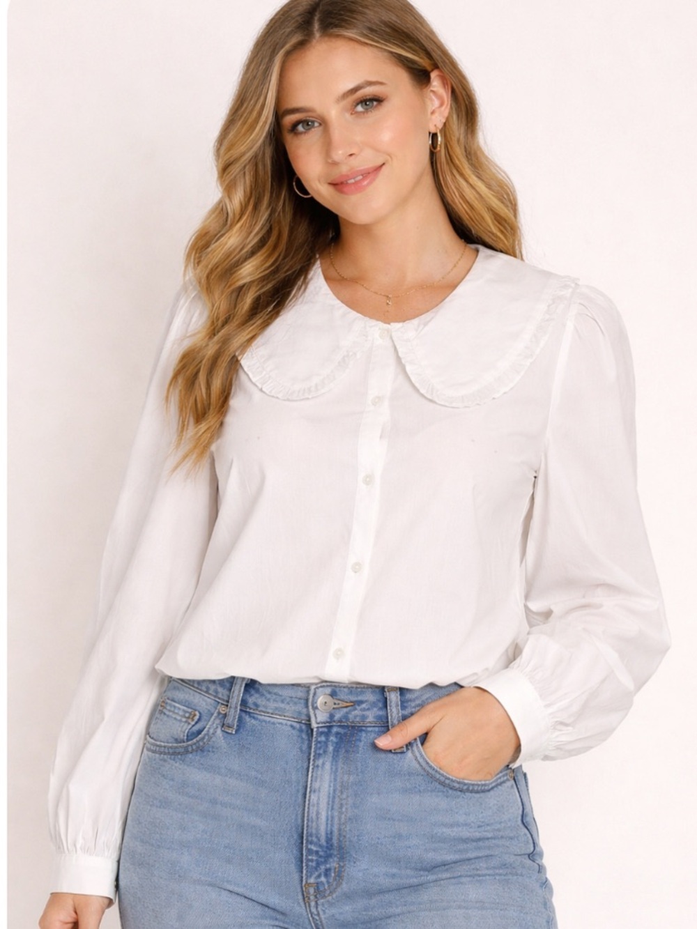 J Crew Button Up Short Women’s 12 Large Ruffle Collar White Cotton Long Sleeve